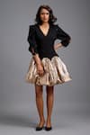 Shop_Deepika Arora_Black Ponte Roma Metallic Thread V-neck Puff Sleeve Bubble Hem Dress 