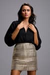 Deepika Arora_Black Linen Collared, V-neck Oversized Shirt With Metallic Textured Mini Skirt _at_Aza_Fashions