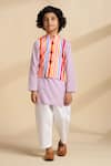 The Cotton Staple_Orange Cambric, Cotton Fabric Flowers Papaya Striped Bundi And Kurta Set _Online_at_Aza_Fashions