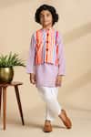Buy_The Cotton Staple_Orange Cambric, Cotton Fabric Flowers Papaya Striped Bundi And Kurta Set _at_Aza_Fashions