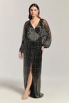 Buy_Bling Empire_Black Mesh Beads, Sequins, Stones V-neck Arabian Nights Embellished Gown _at_Aza_Fashions