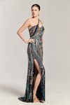 Bling Empire_Multi Color Mesh Beads, Sequins One Shoulder, Plunge Neck Crystal Couture Gown _Online_at_Aza_Fashions