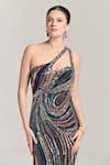 Buy_Bling Empire_Multi Color Mesh Beads, Sequins One Shoulder, Plunge Neck Crystal Couture Gown _Online_at_Aza_Fashions