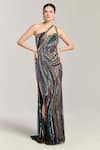 Buy_Bling Empire_Multi Color Mesh Beads, Sequins One Shoulder, Plunge Neck Crystal Couture Gown _at_Aza_Fashions