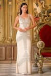 Buy_Bling Empire_Ivory Mesh Beads, Sequins, Crystals V-neck Glamour Embellished Gown _at_Aza_Fashions