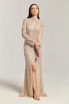 Bling Empire_Beige Mesh Pearls, Sequins High Neck, Keyhole Cutout And Embellished Mermaid Dress _Online_at_Aza_Fashions
