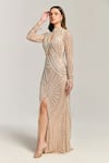 Buy_Bling Empire_Beige Mesh Pearls, Sequins High Neck, Keyhole Cutout And Embellished Mermaid Dress _at_Aza_Fashions