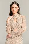 Buy_Bling Empire_Beige Mesh Pearls, Sequins High Neck, Keyhole Cutout And Embellished Mermaid Dress _Online_at_Aza_Fashions