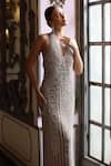 Bling Empire_Beige Mesh Crystals, Beads Halter Neck, Embellished Gown _Online_at_Aza_Fashions