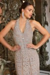 Shop_Bling Empire_Beige Mesh Crystals, Beads Halter Neck, Embellished Gown _Online_at_Aza_Fashions