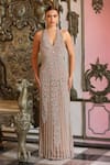 Buy_Bling Empire_Beige Mesh Crystals, Beads Halter Neck, Embellished Gown _at_Aza_Fashions