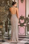 Shop_Bling Empire_Beige Mesh Crystals, Beads Halter Neck, Embellished Gown _at_Aza_Fashions