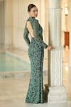 Bling Empire_Emerald Green Mesh Beads, Embroidery High Neck Sheer Panel Gown _Online_at_Aza_Fashions