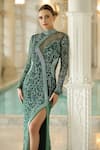 Buy_Bling Empire_Emerald Green Mesh Beads, Embroidery High Neck Sheer Panel Gown _Online_at_Aza_Fashions