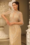 Bling Empire_Gold Mesh Beads High , Keyhole Cape Sleeve Gown _Online_at_Aza_Fashions
