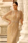 Buy_Bling Empire_Gold Mesh Beads High , Keyhole Cape Sleeve Gown _Online_at_Aza_Fashions