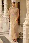 Buy_Bling Empire_Gold Mesh Beads High , Keyhole Cape Sleeve Gown _at_Aza_Fashions