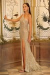 Buy_Bling Empire_Gold Mesh Beads, Sequins One Shoulder Radiant Gown _Online_at_Aza_Fashions