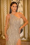 Shop_Bling Empire_Gold Mesh Beads, Sequins One Shoulder Radiant Gown _Online_at_Aza_Fashions