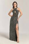Buy_Bling Empire_Black Mesh Beads Halter Neck Cocktail Embellished Gown _at_Aza_Fashions