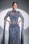Bling Empire Blue Mesh Beads High , Keyhole Elizabeth Embellished Cape Maxi Gown Online at Aza Fashions Bling Empire_Blue Mesh Beads High , Keyhole Elizabeth Embellished Cape Maxi Gown _Online_at_Aza_Fashions
