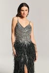 Bling Empire_Black Mesh Beads, Feathers V-neck Embellished Fall Gown _Online_at_Aza_Fashions