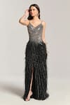 Buy_Bling Empire_Black Mesh Beads, Feathers V-neck Embellished Fall Gown _Online_at_Aza_Fashions