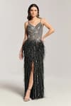 Buy_Bling Empire_Black Mesh Beads, Feathers V-neck Embellished Fall Gown _at_Aza_Fashions