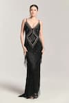 Buy_Bling Empire_Black Mesh Beads, Stones, Fringe V-neck Midnight Swing Gown _at_Aza_Fashions