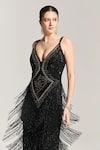 Buy_Bling Empire_Black Mesh Beads, Stones, Fringe V-neck Midnight Swing Gown _Online_at_Aza_Fashions