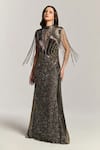 Buy_Bling Empire_Black Mesh Beads, Sequins, Fringe High Neck, Keyhole Moonlight Charcoal Gown _at_Aza_Fashions