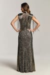 Shop_Bling Empire_Black Mesh Beads, Sequins, Fringe High Neck, Keyhole Moonlight Charcoal Gown _at_Aza_Fashions