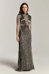 Buy_Bling Empire_Black Mesh Beads, Sequins, Fringe High Neck, Keyhole Moonlight Charcoal Gown _Online_at_Aza_Fashions