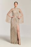 Buy_Bling Empire_Beige Mesh Beads, Fringe Choker , High Moonlight Charm Embellished Gown _at_Aza_Fashions