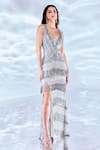 Buy Bling Empire Silver Mesh Beads V-neck Starry Night High Slit Gown at Aza Fashions Buy_Bling Empire_Silver Mesh Beads V-neck Starry Night High Slit Gown _at_Aza_Fashions