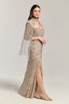 Bling Empire_Beige Mesh Beads, Sequins Sweetheart Neck, Twilight Gown With Cape _Online_at_Aza_Fashions