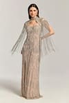 Buy_Bling Empire_Beige Mesh Beads, Sequins Sweetheart Neck, Twilight Gown With Cape _at_Aza_Fashions