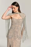 Buy_Bling Empire_Beige Mesh Beads, Sequins Sweetheart Neck, Twilight Gown With Cape _Online_at_Aza_Fashions