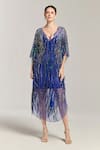 Buy_Bling Empire_Blue Mesh Beads, Tassels, Fringe V-neck Embellished Kaftan Dress _at_Aza_Fashions