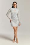 Buy_Bling Empire_White Mesh, Polyester Beads, Fringe High Neck Eclipse Embellished Dress _at_Aza_Fashions
