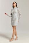 Bling Empire_White Mesh, Polyester Beads, Fringe High Neck Eclipse Embellished Dress _Online_at_Aza_Fashions