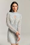 Buy_Bling Empire_White Mesh, Polyester Beads, Fringe High Neck Eclipse Embellished Dress _Online_at_Aza_Fashions