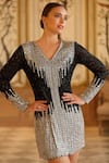 Buy_Bling Empire_Black Mesh Beads, Sequins V-neck And Silver Mini Dress _Online_at_Aza_Fashions