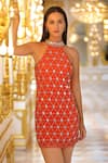 Bling Empire_Red Mesh Crystals Halter , High Crimson Jewel Embellished Mini Dress _Online_at_Aza_Fashions