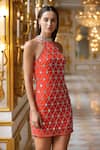 Buy_Bling Empire_Red Mesh Crystals Halter , High Crimson Jewel Embellished Mini Dress _Online_at_Aza_Fashions