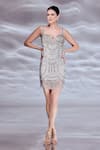 Buy_Bling Empire_Ivory Mesh Beads, Sequins Sweetheart Neck Crystal Embellished Mini Dress _at_Aza_Fashions