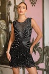 Buy_Bling Empire_Black Mesh Beads, Sequins Round Neck Noir Deco Beaded Fringe Mini Dress _Online_at_Aza_Fashions