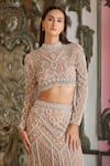 Buy_Bling Empire_Beige Mesh Crystals, Beads High Neck Seraphina Embellished Skirt Set _Online_at_Aza_Fashions