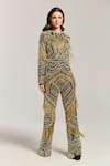 Buy_Bling Empire_Multi Color Mesh Sequins, Beads, Fringe Round Neck Golden Jumpsuit _at_Aza_Fashions