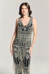 Bling Empire_Black Mesh Beads, Fringe V-neck Luxe Noir Embellished Jumpsuit _Online_at_Aza_Fashions